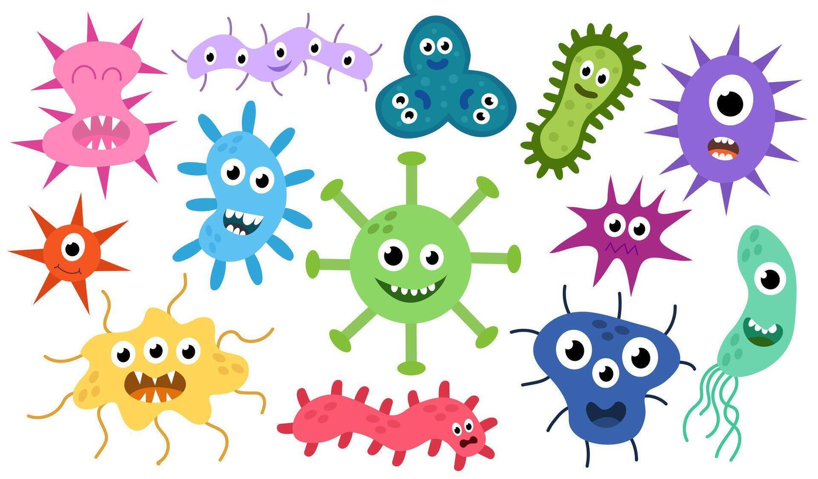 söt tecknad serie tecken virus, bakterie, mikrob, bakterier uppsättning. mikrobiologi organism av annorlunda typer av färgrik och former. maskotar uttrycker känslor. barn illustration i platt design. vektor