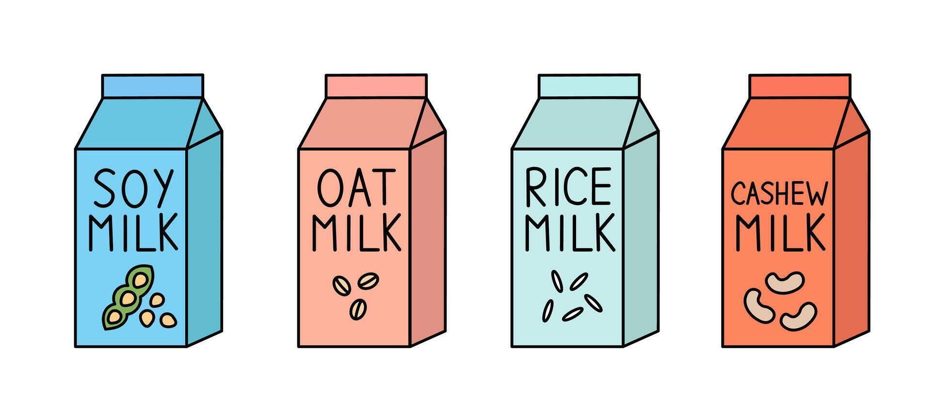 vegan mjölk uppsättning. soja, ris, kasju, havre. låda kartong förpackning. samling av platt illustration. vektor