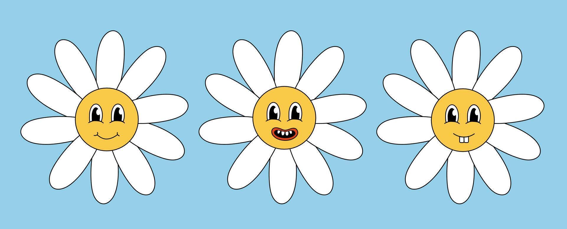 retro 70s 60s 80s hippie häftig söt daisy blommor uppsättning. leende ansikte. samling kamomill blomma kraft element. illustration isolerat på blå bakgrund. vektor