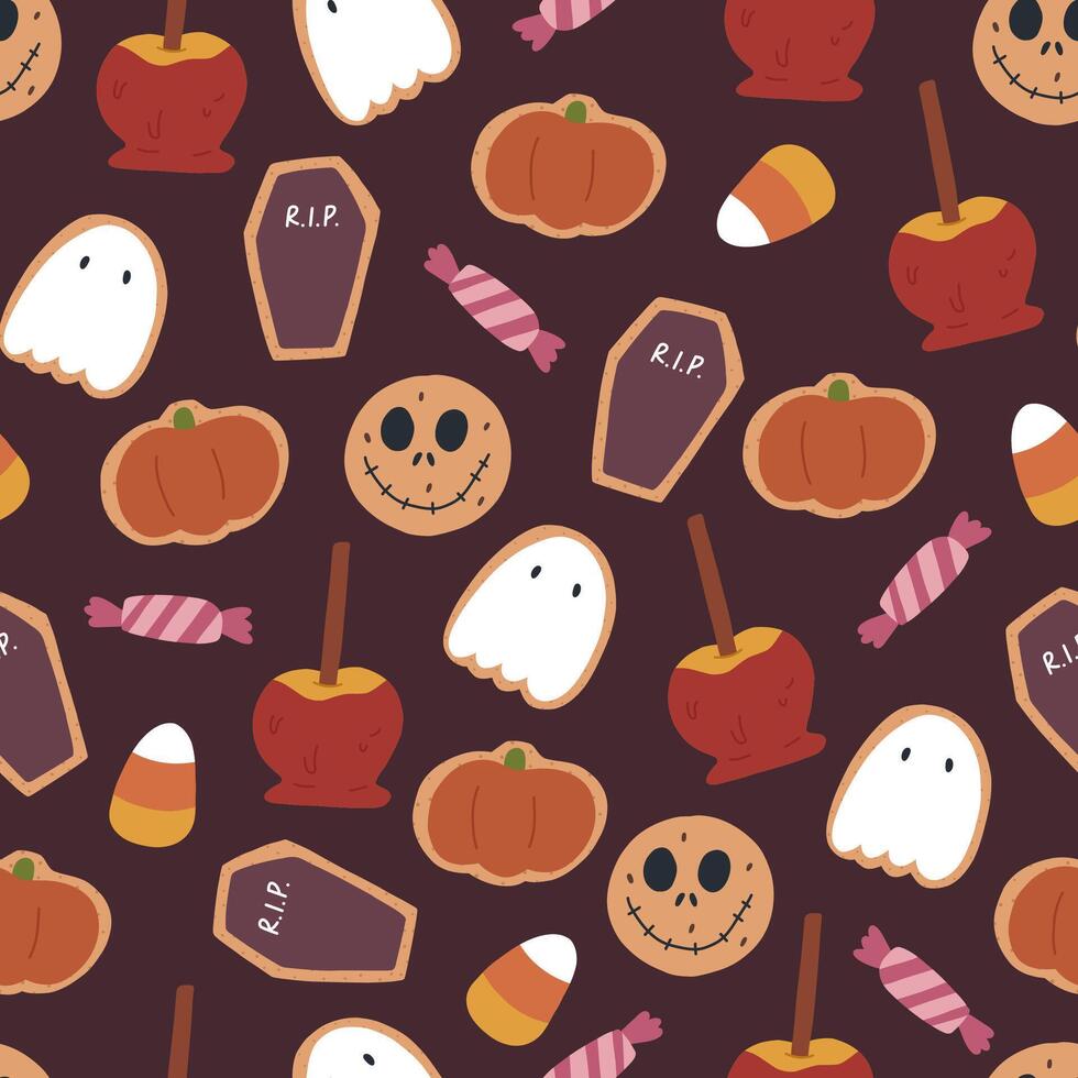 Halloween Süßigkeiten nahtlos Muster auf dunkel Hintergrund. süß Hand gezeichnet Süßigkeiten zum Trick oder behandeln. Kekse im gestalten von Kürbis, Geist und Sarg. Karamell Apfel und Süßigkeiten Mais. vektor