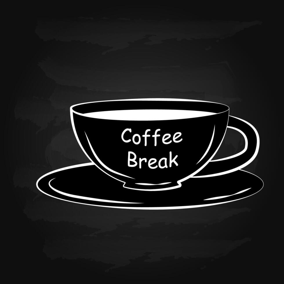 schwarz und Weiß Zeichnung von ein Tasse mit Beschriftung Kaffee brechen auf schwarz Hintergrund. vektor