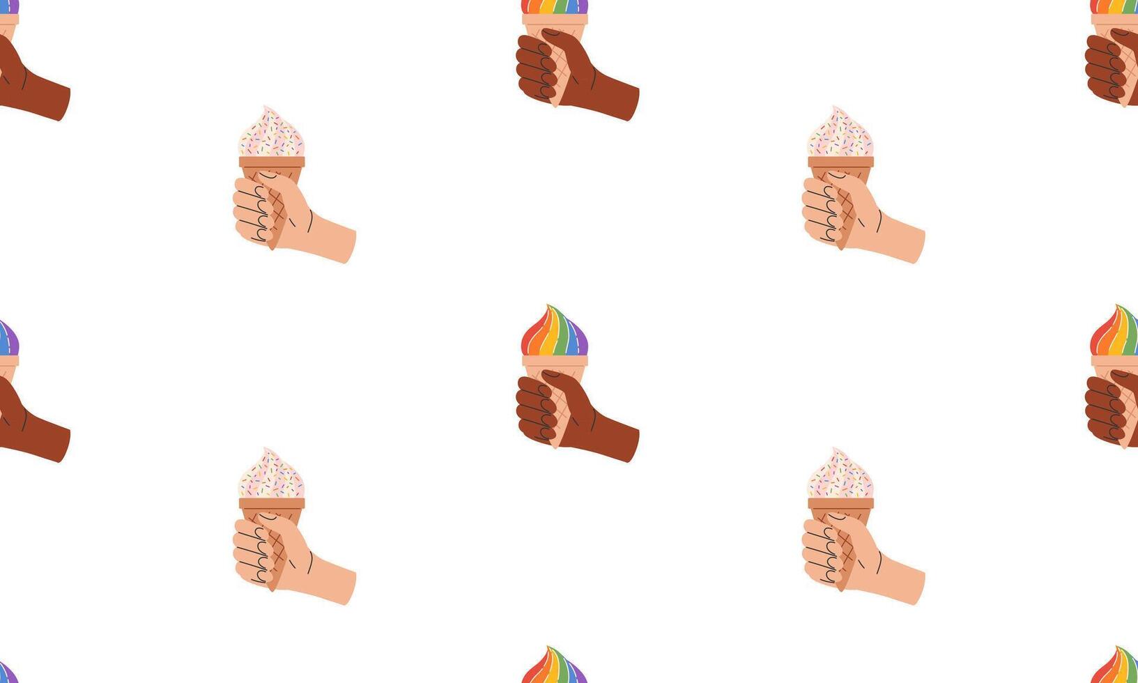 nahtlos Muster mit Symbol von lgbtq Stolz Gemeinschaft. Hand halten Regenbogen Eis Creme. lgbt Stolz Monat. Illustration vektor