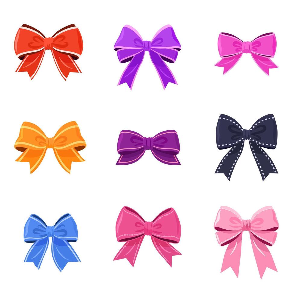 mehrfarbig Bowknot Sammlung. isoliert Bänder und Geschenk Bögen auf ein Weiß Hintergrund. diese festlich Abbildungen können Sein benutzt zum Dekoration, Feierlichkeiten, Hochzeiten, und Party Entwürfe. vektor