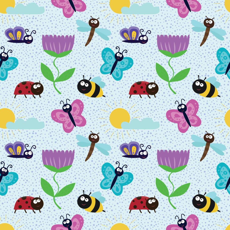 söt sömlös mönster med insekter och blommor. en design element för utskrift på tyg. bin, Nyckelpigor, fjärilar, larver, sländor och växter. tecknad serie platt illustration vektor