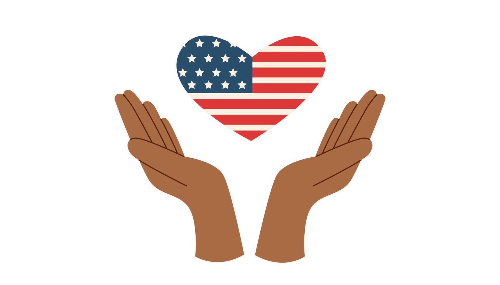 Hände halten amerikanisch Flagge im das gestalten von Herz. Denkmal Tag und Unabhängigkeit Tag Konzept. vektor