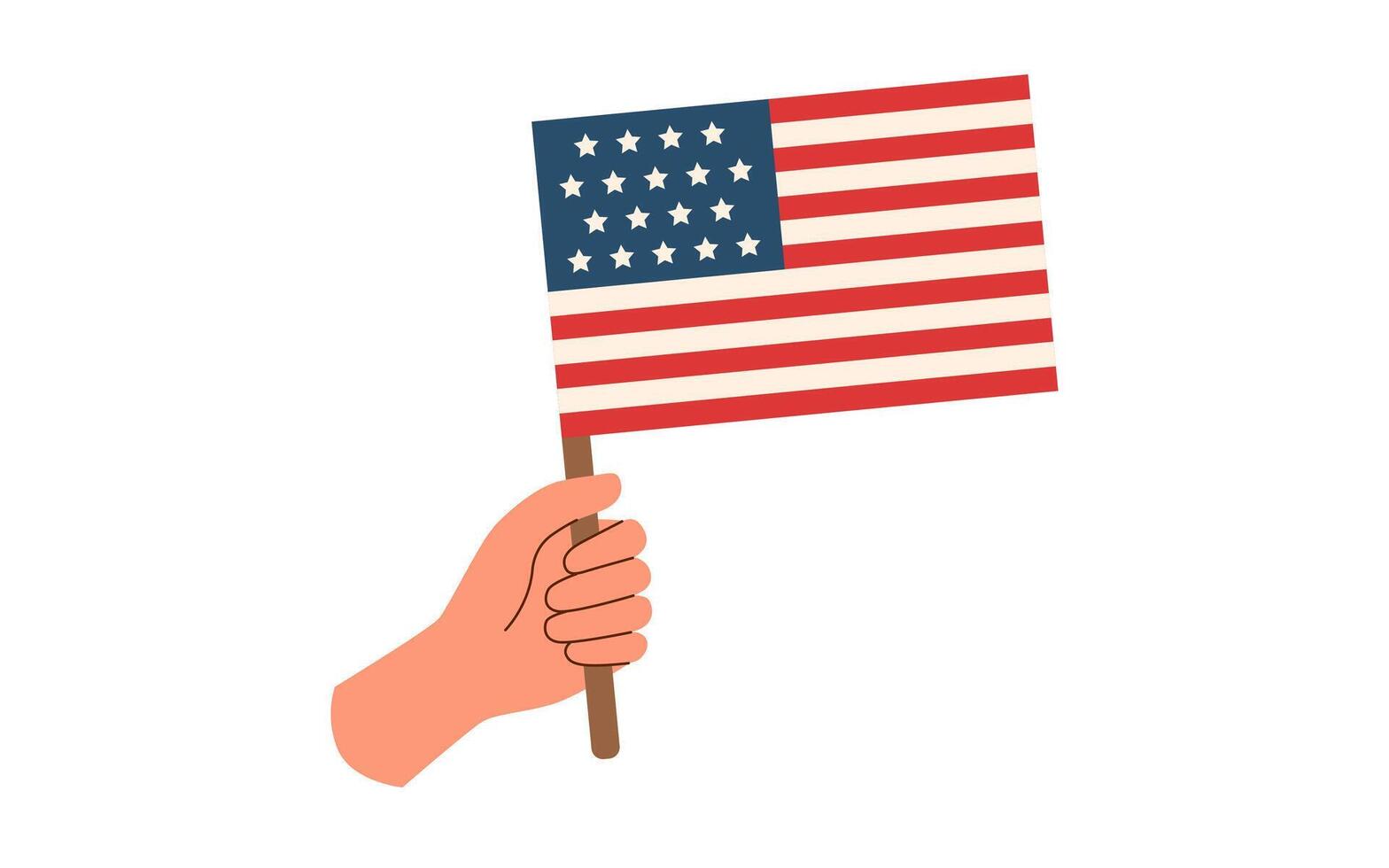 amerikanisch Flagge im Mensch Hand im eben Stil isoliert auf Weiß Hintergrund. Denkmal Tag und Unabhängigkeit Tag Konzept. vektor