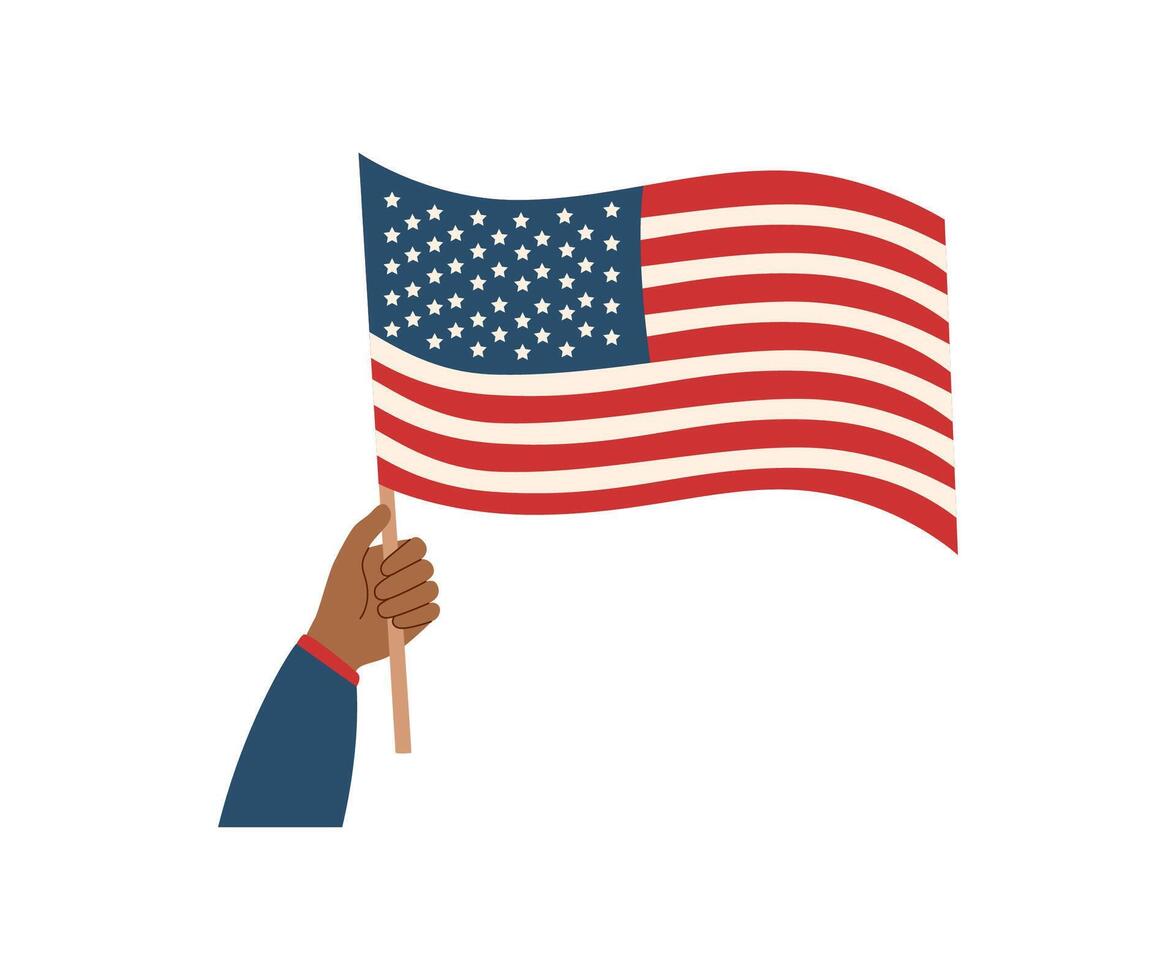 amerikanisch Flagge im Mensch Hand im eben Stil isoliert auf Weiß Hintergrund. Denkmal Tag und Unabhängigkeit Tag Konzept. vektor