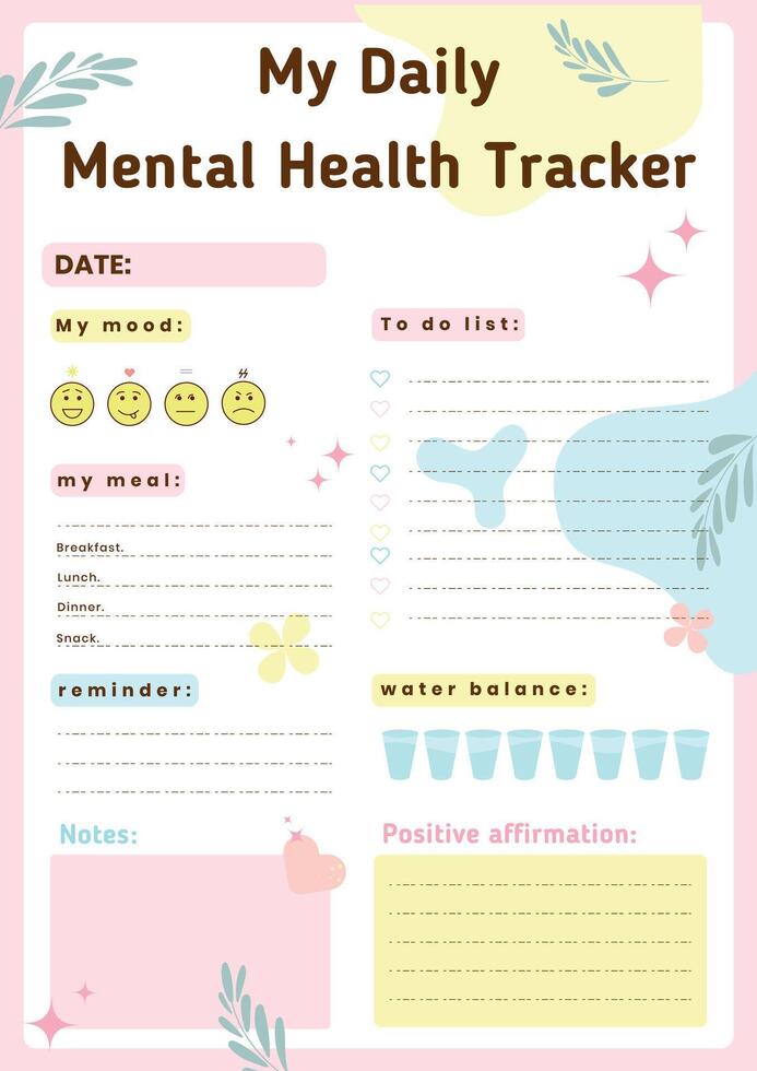 dagligen planerare. dagligen mental hälsa tracker.to do lista och arrangör, plats för anteckningar. min mål, vatten balans. humör tracker och plats för affirmationer. mall illustration i enkel stil vektor