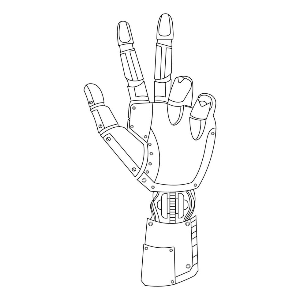 Roboter Hand Geste Frieden Zeichen mit zwei Finger. Linie Kunst Zeichnung.künstlich Intelligenz und Zukunft Technologien.Robotik Arm Geste.Bionic Roboter oder Android Hand kreativ Illustration vektor