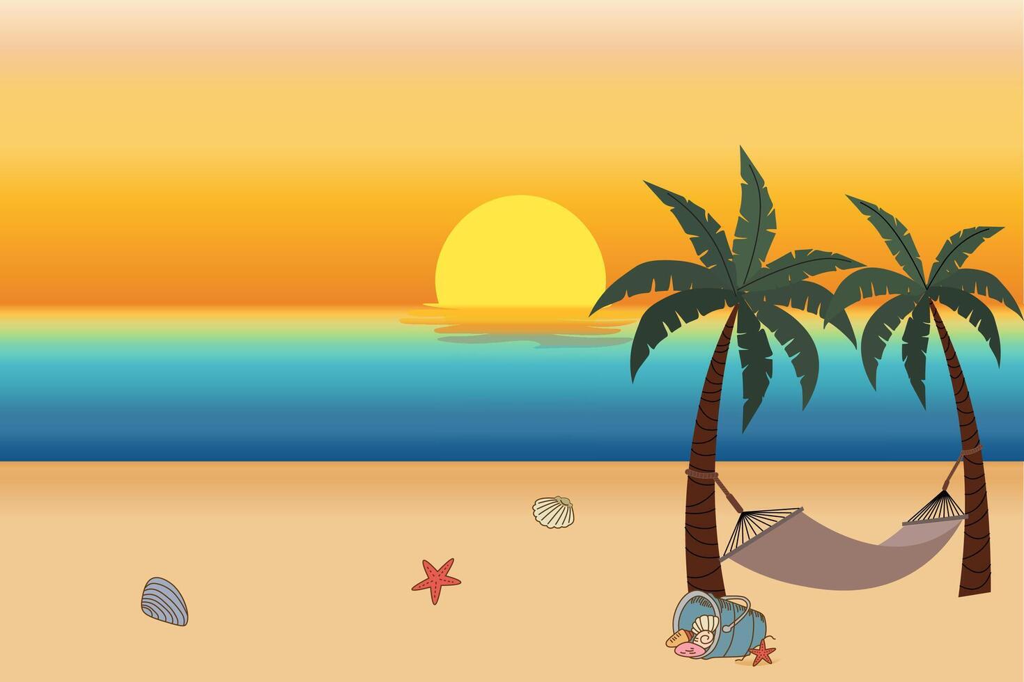 sommar strand i de eftermiddag med solnedgång bakgrund se. där är en gunga mellan de kokos träd vektor