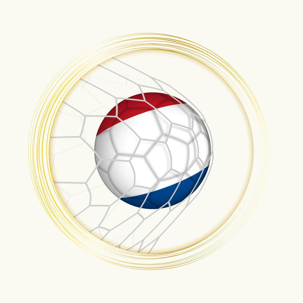nederländerna scoring mål, abstrakt fotboll symbol med illustration av nederländerna boll i fotboll netto. vektor