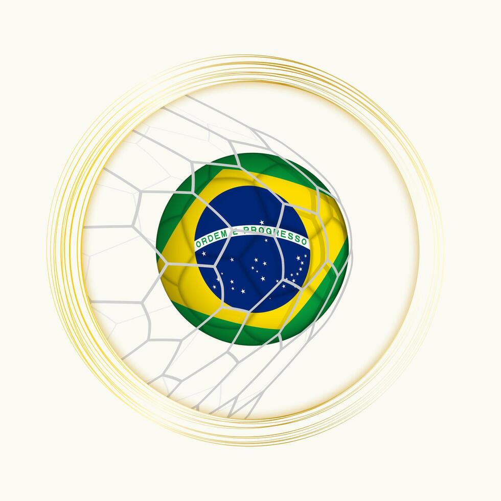 Brasilien scoring mål, abstrakt fotboll symbol med illustration av Brasilien boll i fotboll netto. vektor