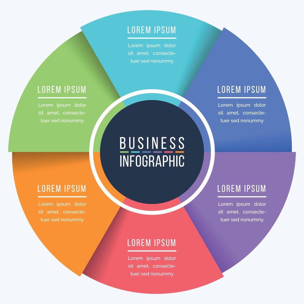 Infografik Design Kreis 6 Schritte, Objekte, Optionen oder Elemente Geschäft Information farbig vektor