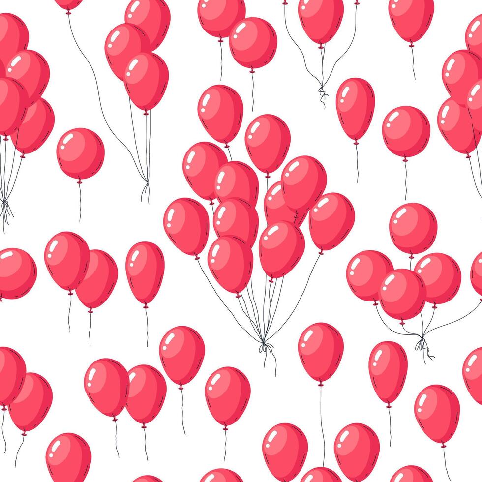 Karikatur Luftballons Muster. glänzend rot Luftballons Geburtstag Party Dekor, Hand gezeichnet Ferien Luft Ballon Dekorationen eben Illustration. Helium Luftballons endlos Hintergrund vektor