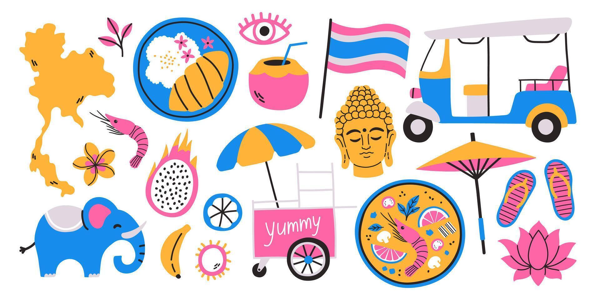 Reise zu Thailand Aufkleber Satz. Hand Zeichnung skizzieren von Objekte. Elefant, Karte von Thailand, thailändisch Essen, Tuk Tuk Rikscha, Regenschirm, Buddha Kopf, Lotus, thailändisch Früchte. vektor