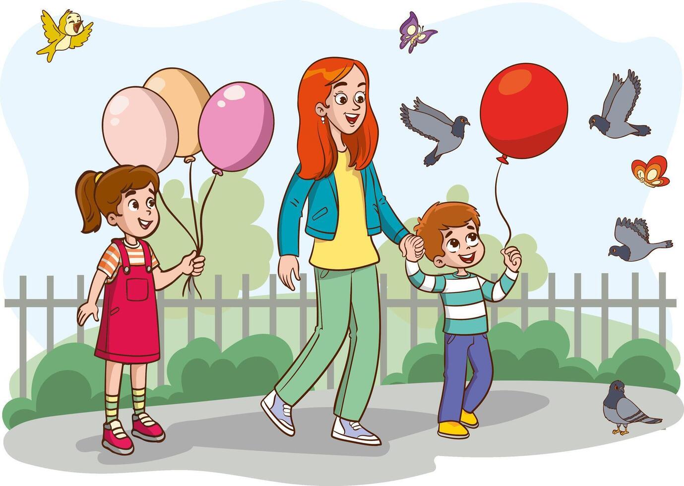 glücklich Familie Gehen im das Stadt Park. Vater, Mutter, Sohn und Tochter zusammen draußen. Illustration im Karikatur Stil vektor