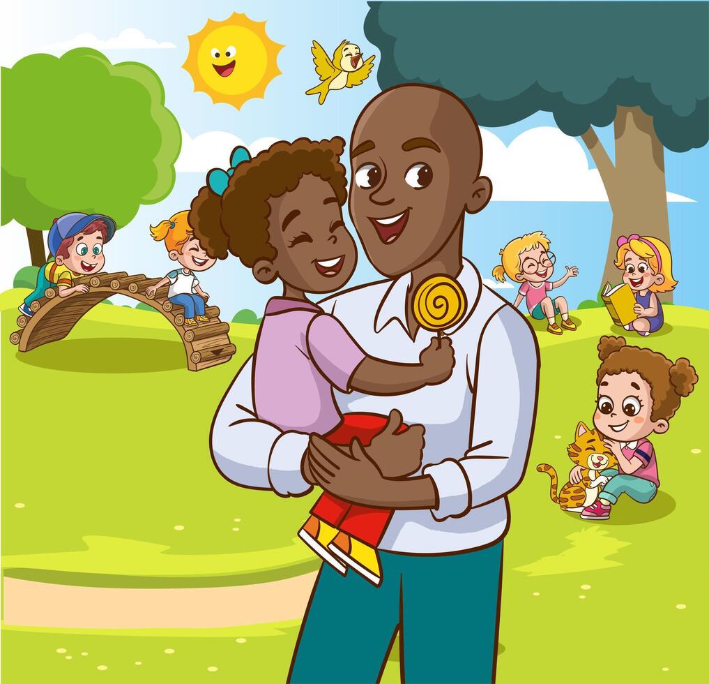 glücklich Familie Gehen im das Stadt Park. Vater, Mutter, Sohn und Tochter zusammen draußen. Illustration im Karikatur Stil vektor