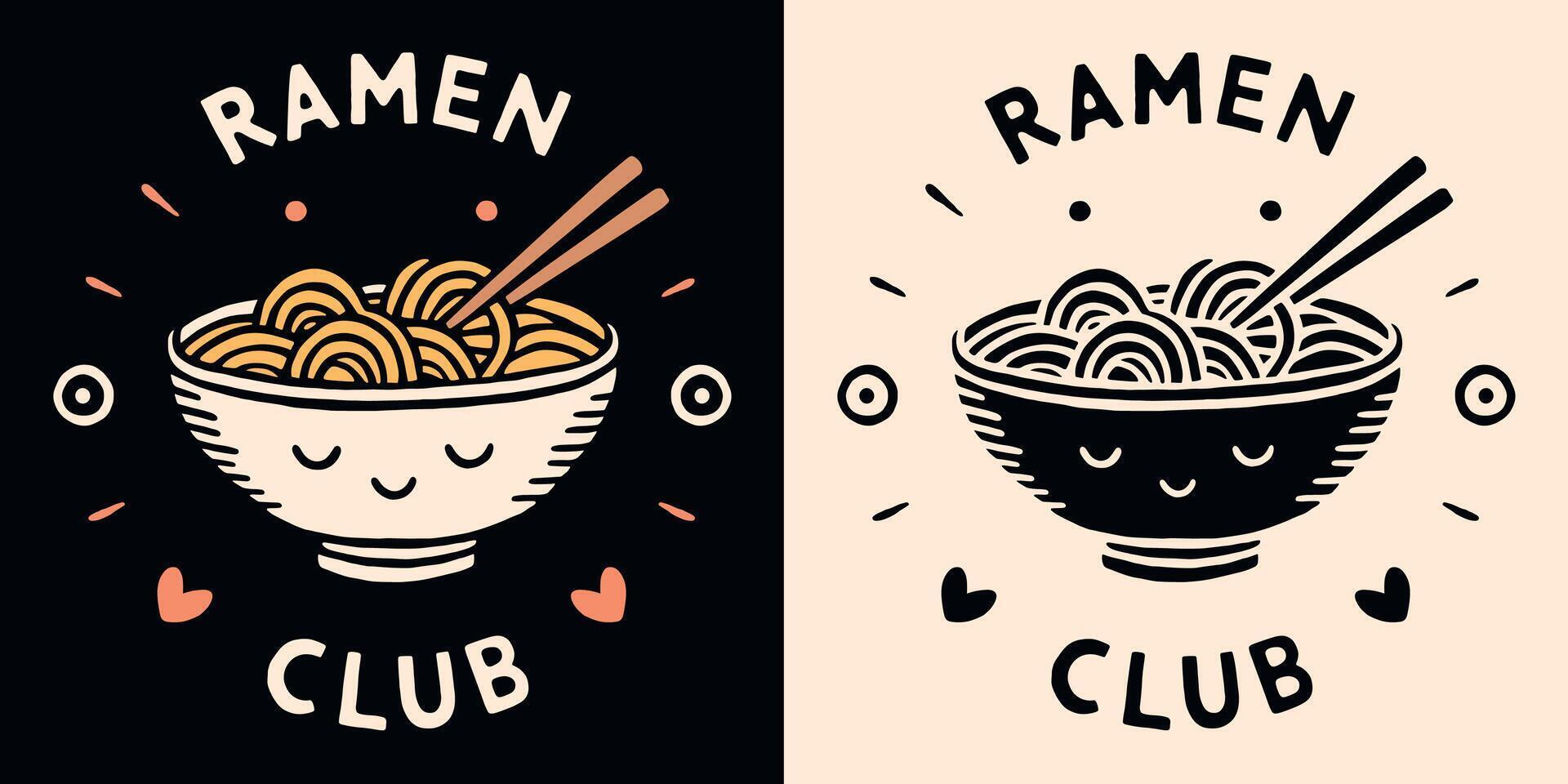 Ramen Liebhaber Verein Abzeichen Logo süß lecker Ramen Nudeln Schüssel Smiley Gesicht kawaii Illustration retro Jahrgang druckbar Zeichnung japanisch Essen ästhetisch Kunst zum Hemd Design drucken Schnitt Datei vektor