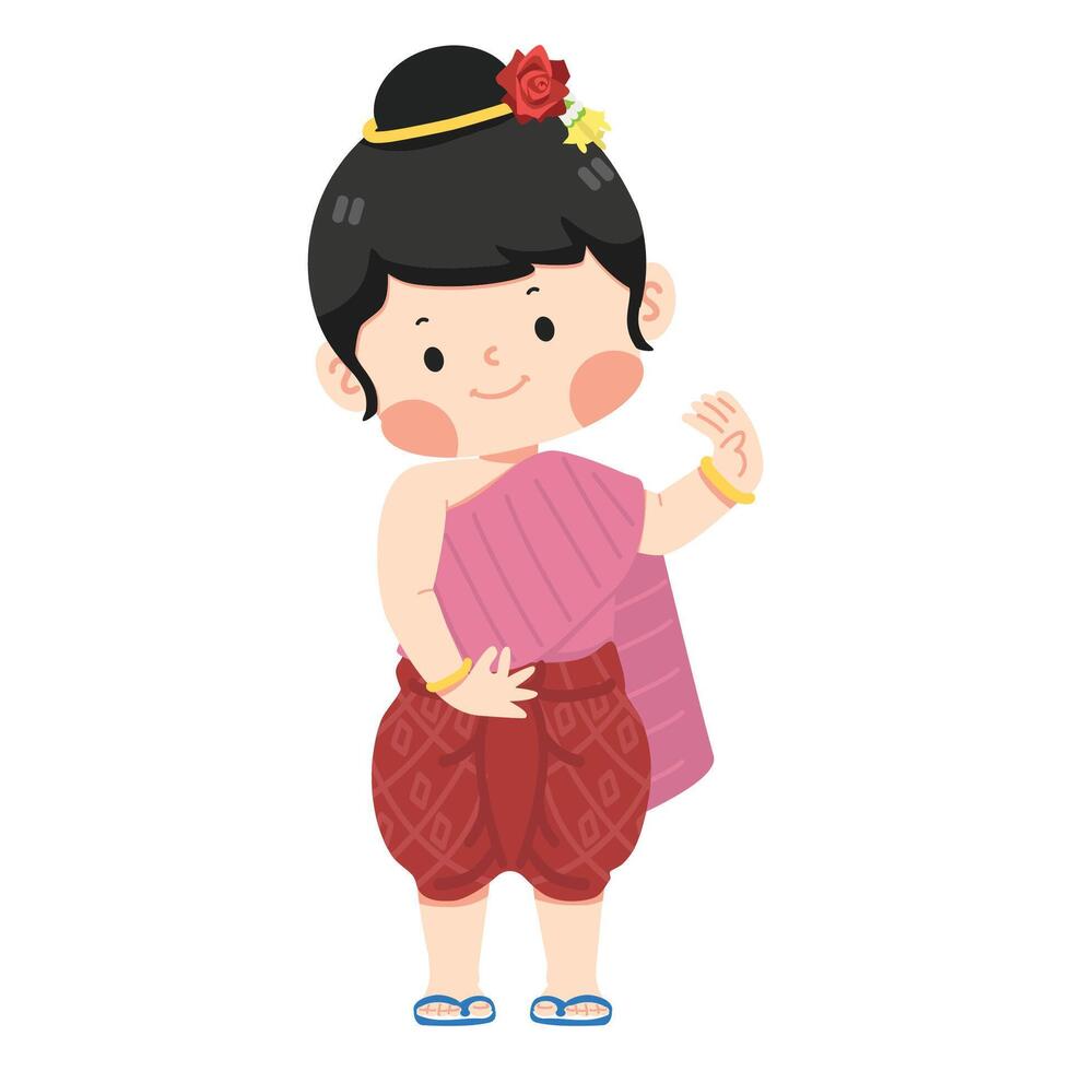Kind Mädchen im thailändisch traditionell Kleid Karikatur vektor