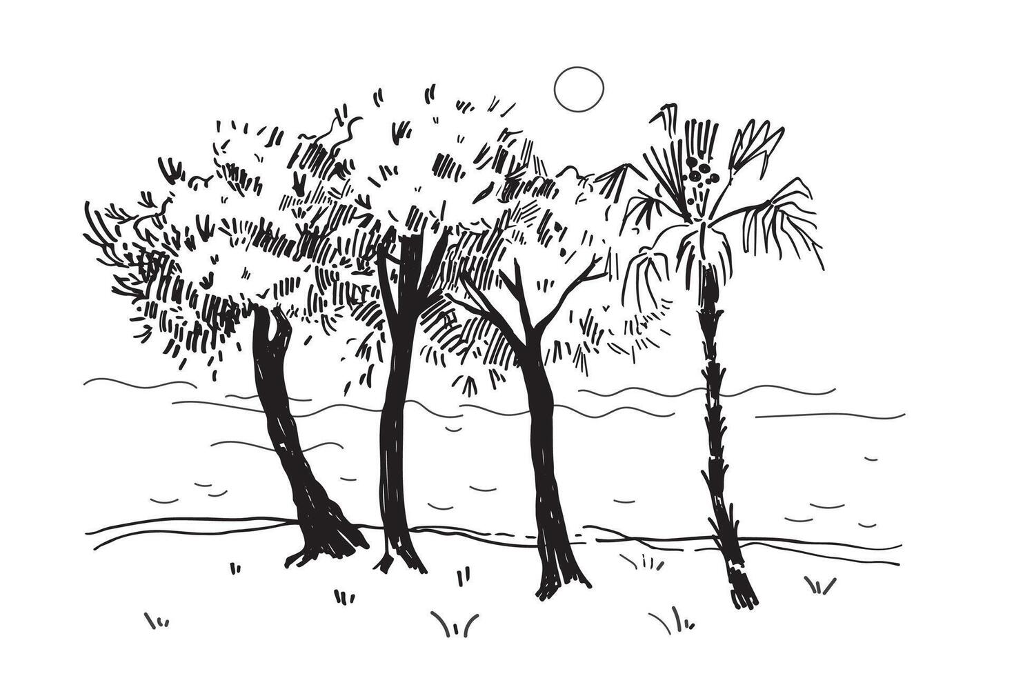 panorama- se av bok träd och lugna hav, bläck skiss hand dragen illustration av havet med handflatan, träd, vatten, Sol, marin motiv. abstrakt kust landskap, linje konst. resa, natur semester vektor