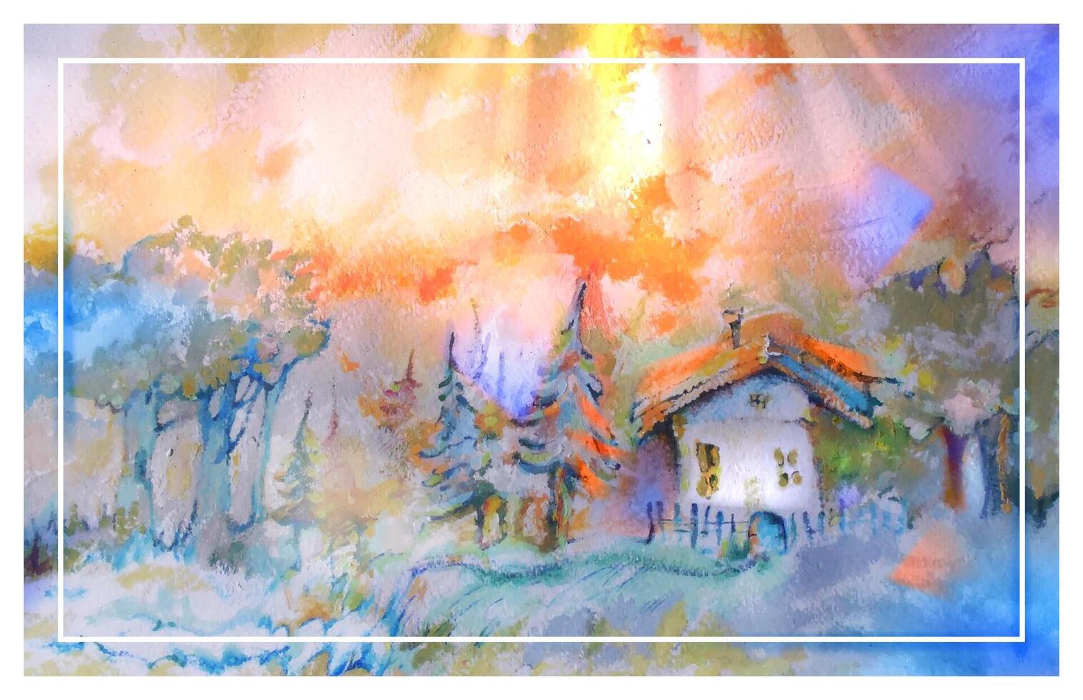 Hand gezeichnet Atmosphäre Morgen Sommer- Landschaft. modern abstrakt Kunst. Himmel. schön abstrakt Hintergrund mit Haus, Wolken Strahlen und Bäume. Landschaft Frühling Illustration. eps 10 vektor