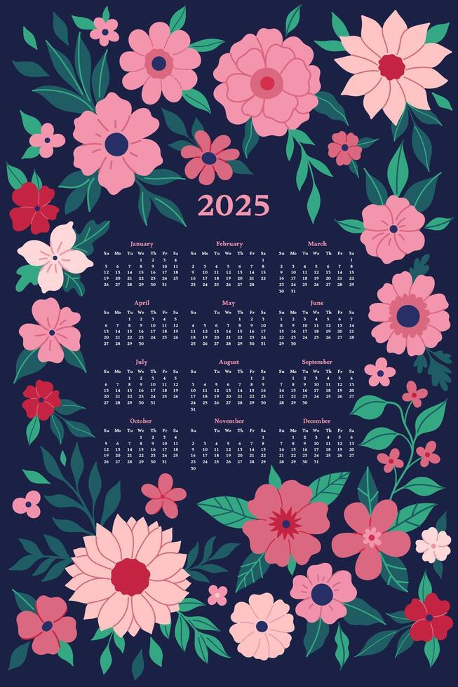 Kalender zum 2025 mit Rosa Blumen auf ein Blau Hintergrund. Grafik. vektor