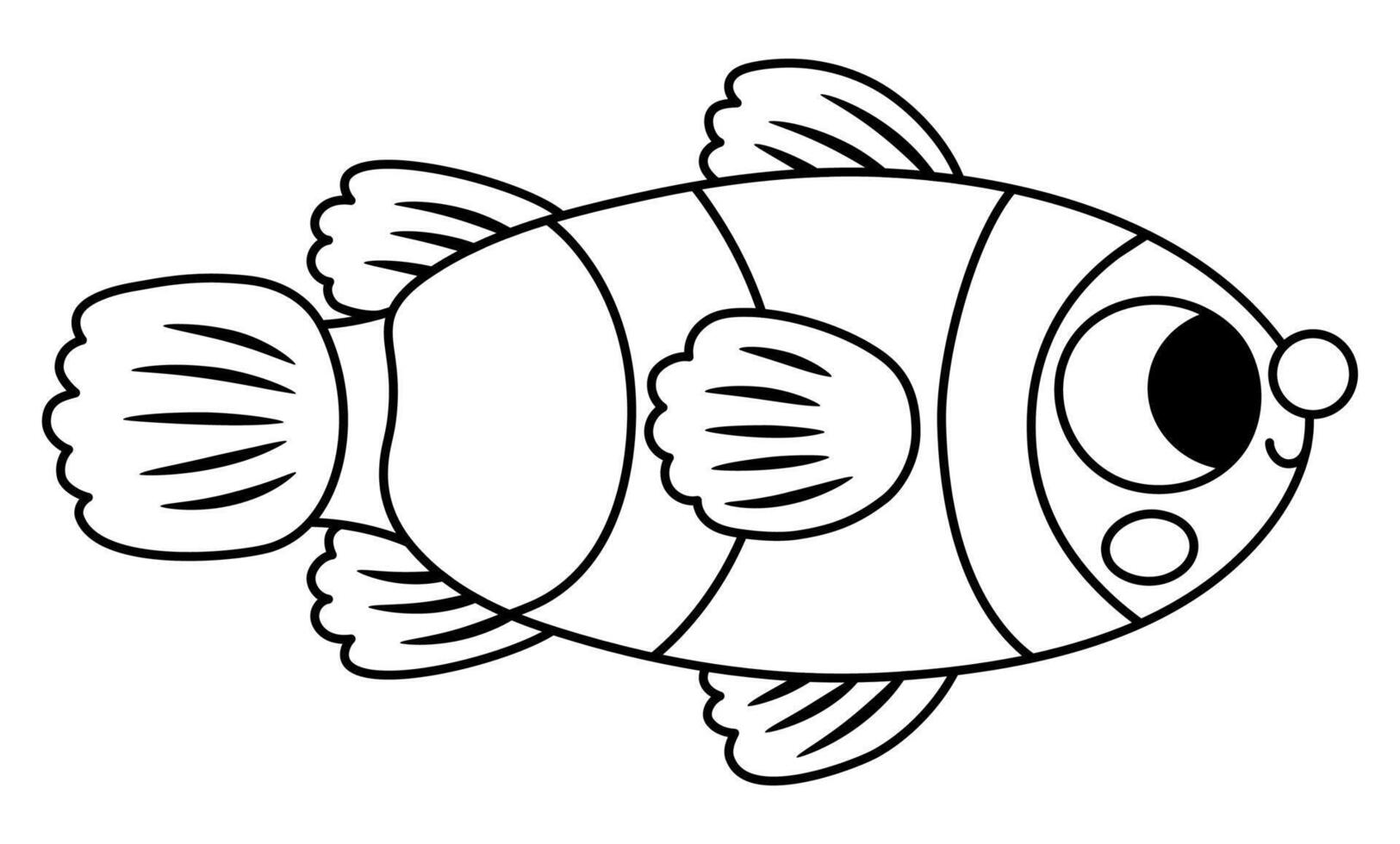 schwarz und Weiß Clown Fisch Symbol. unter das Meer Linie Illustration mit süß komisch Kreatur. Ozean Tier Clip Art. Karikatur unter Wasser oder Marine Clip Kunst oder Färbung Seite zum Kinder vektor