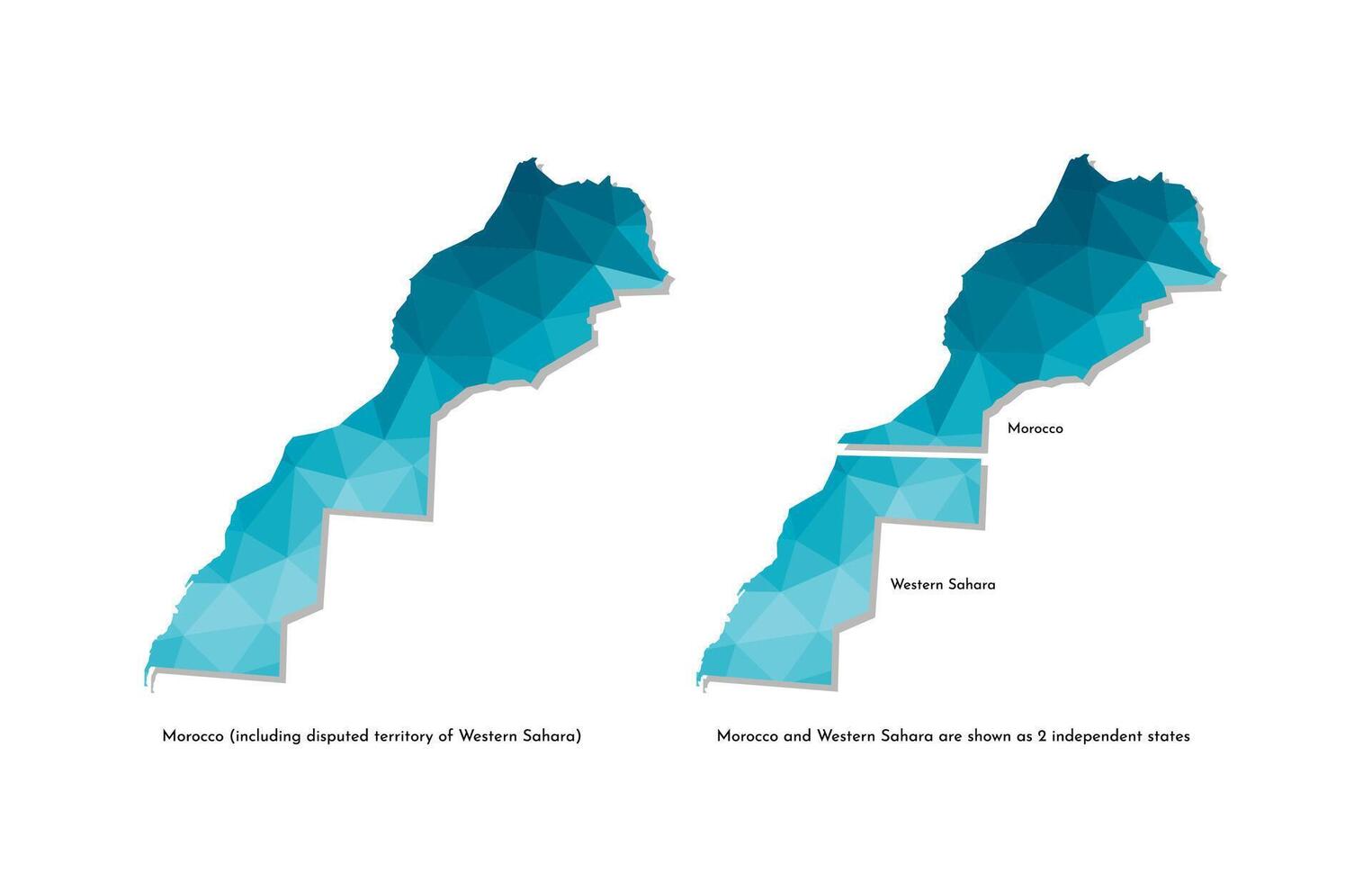 isolerat illustration ikon med förenklad blå silhuett av marocko och Västra sahara som 1 Land och som 2 oberoende stater. polygonal geometrisk stil. vit bakgrund. vektor