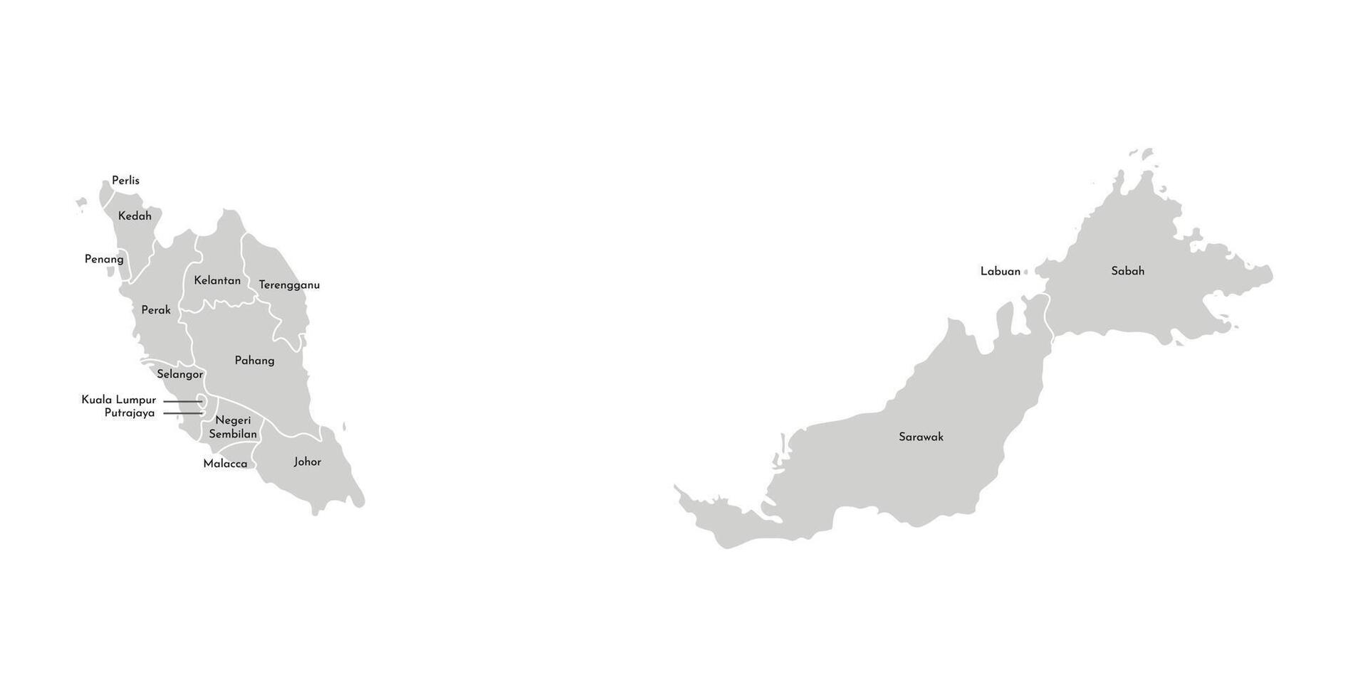 isolerat illustration av förenklad administrativ Karta av malaysia. gränser och namn av de provinser, regioner. grå silhuetter. vit översikt vektor