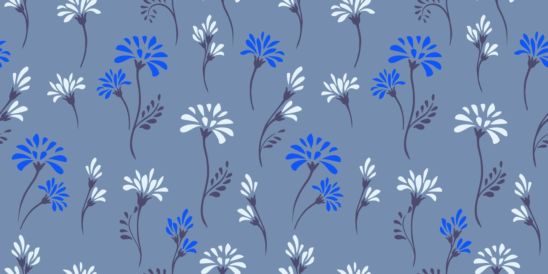 pastell blå sömlös mönster med enkel kreativ vild mycket liten blommig stjälkar. hand dragen skiss. söt abstrakt ditsy blommor och knoppar i droppar, fläckar. mall för mönster, textil, utskrift vektor