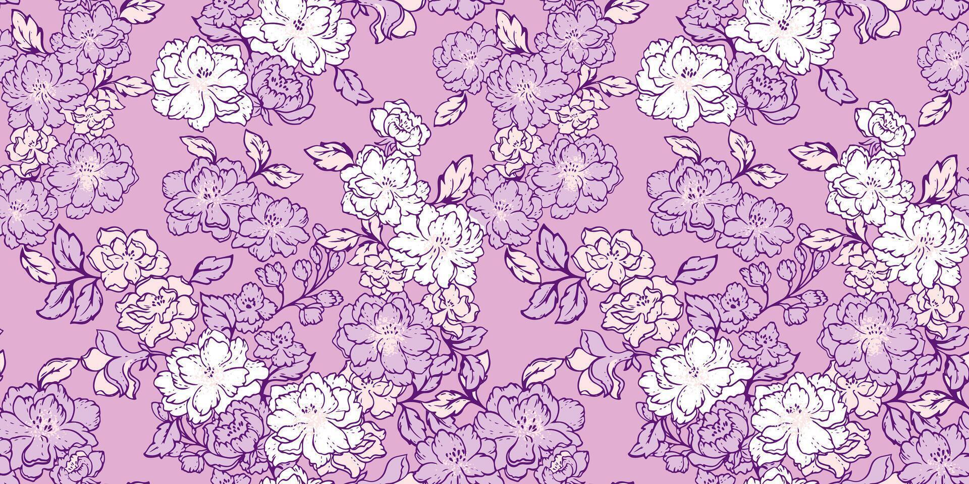abstrakt konstnärlig blommig sömlös mönster på en rosa bakgrund. pastell lila sommar eller vår äng utskrift. hand dragen rader växter och blommor. collage mall för mönster, textil- vektor