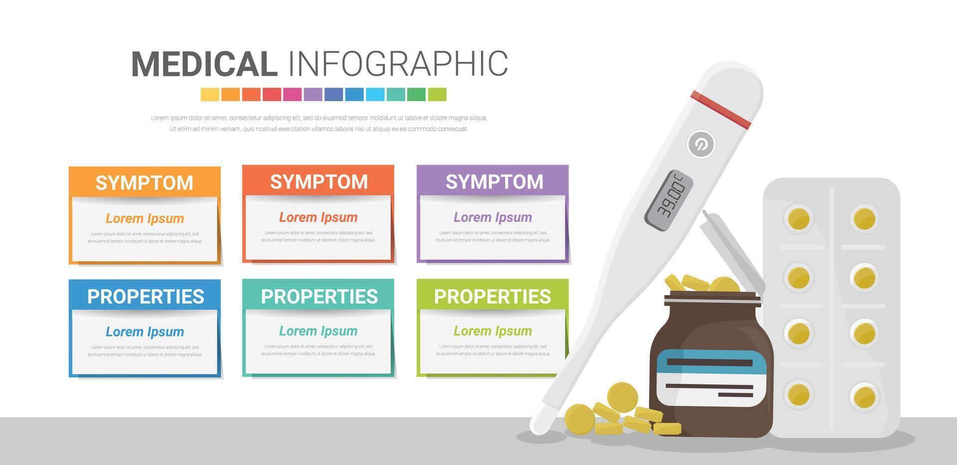 medizinisch Infografik einstellen mit Termometer Pille und andere Elemente. können Sein benutzt zum Infografik, Gesundheitspflege, Forschung, einstellen Information Infografiken. vektor