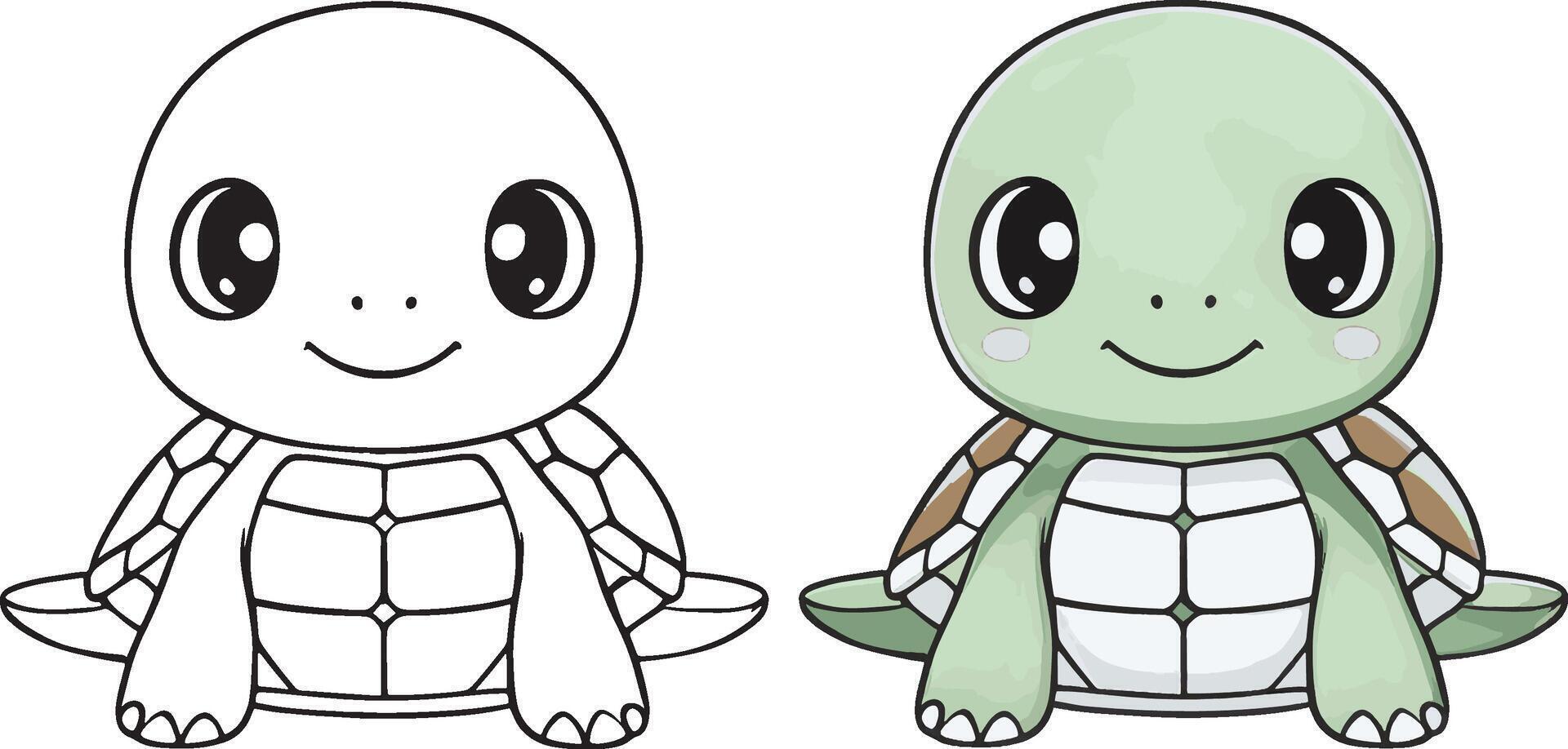 printcute tecknad serie karaktär sköldpadda, linje ritningar och färgrik färg sidor. vektor