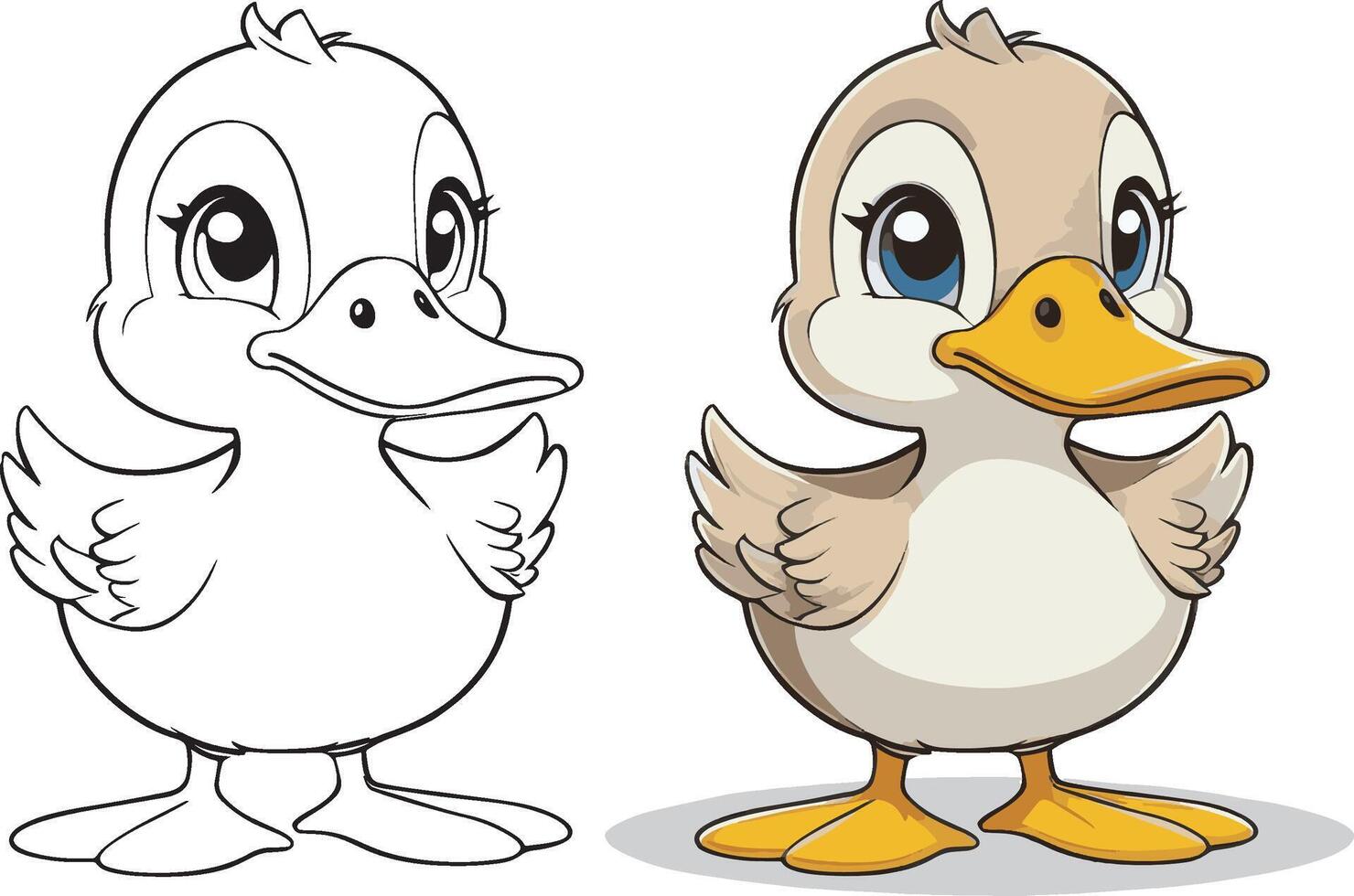 süß Karikatur Charakter Ente mit Linien und bunt Färbung Seiten. vektor