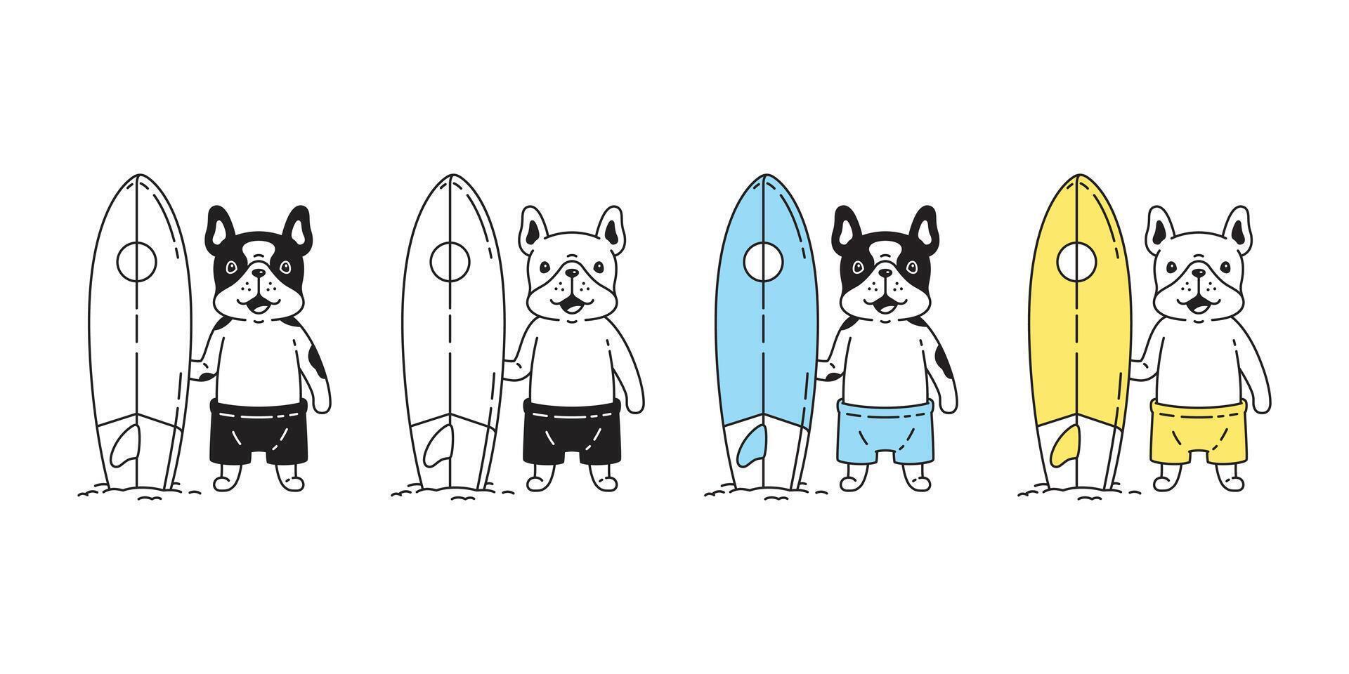 Hund Französisch Bulldogge Symbol Surfbrett Ozean Sommer- Strand Hündchen Haustier Pfote Charakter Karikatur Symbol Schal Gekritzel Illustration Design vektor