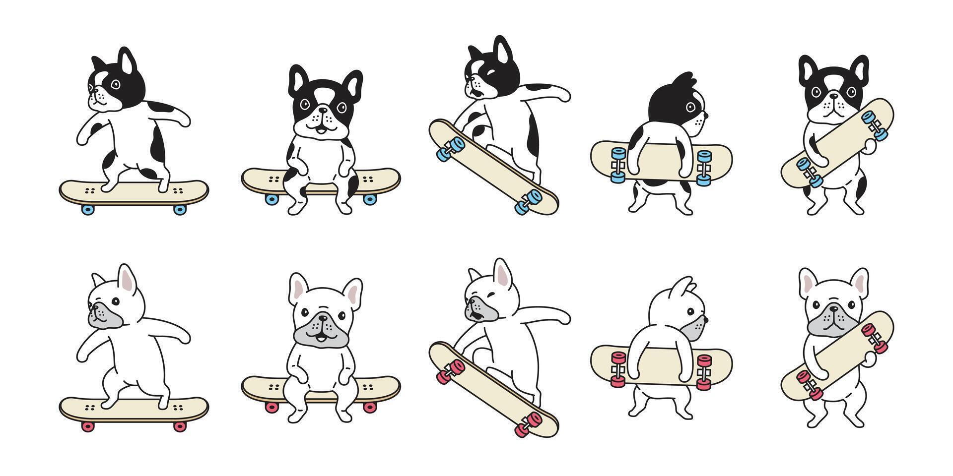 Hund Französisch Bulldogge Skateboard Symbol Surfen Schlittschuh Karikatur Charakter Symbol Rasse Tier Illustration Gekritzel Design vektor