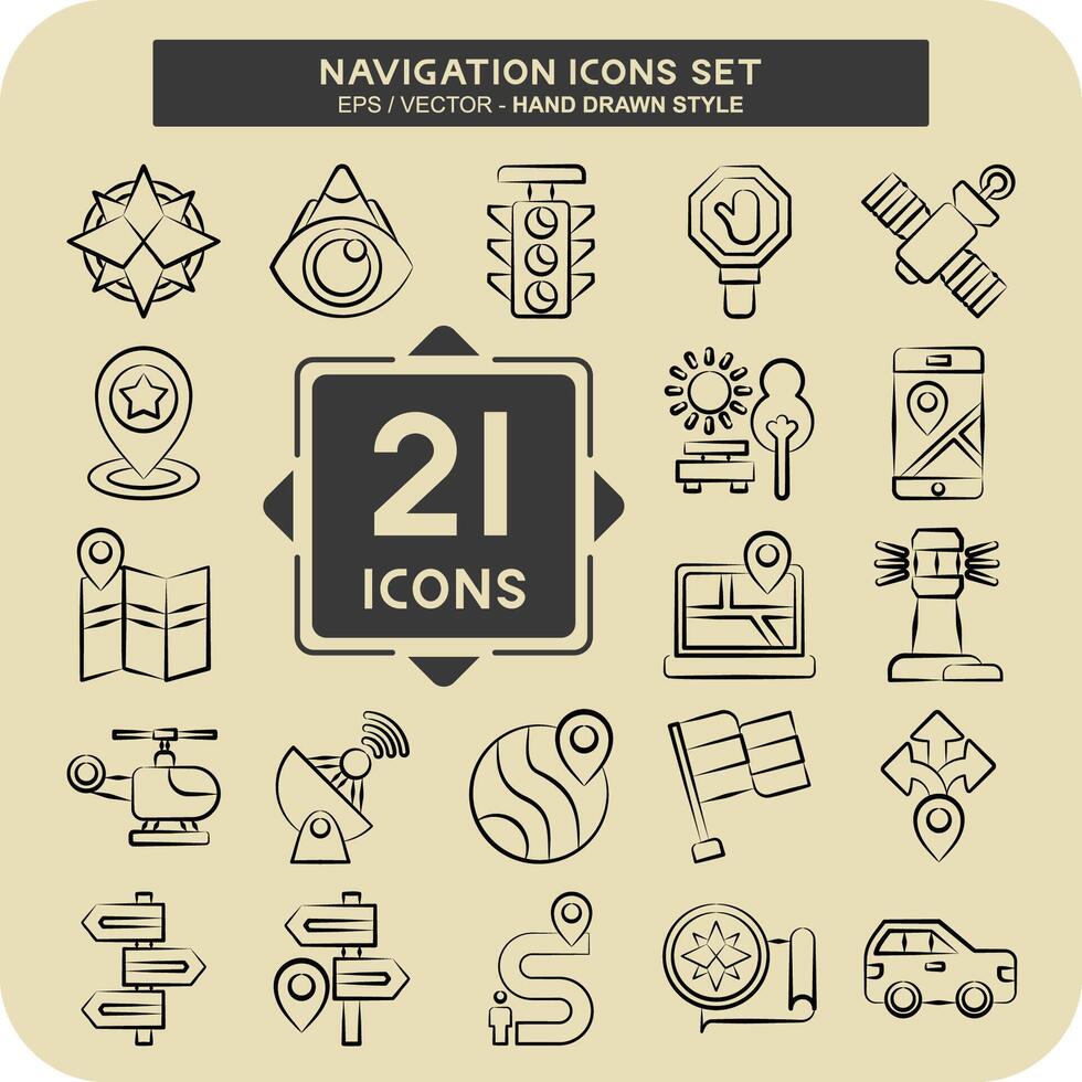 Symbol einstellen Navigation. verbunden zu Urlaub Symbol. Hand gezeichnet Stil. einfach Design Illustration vektor