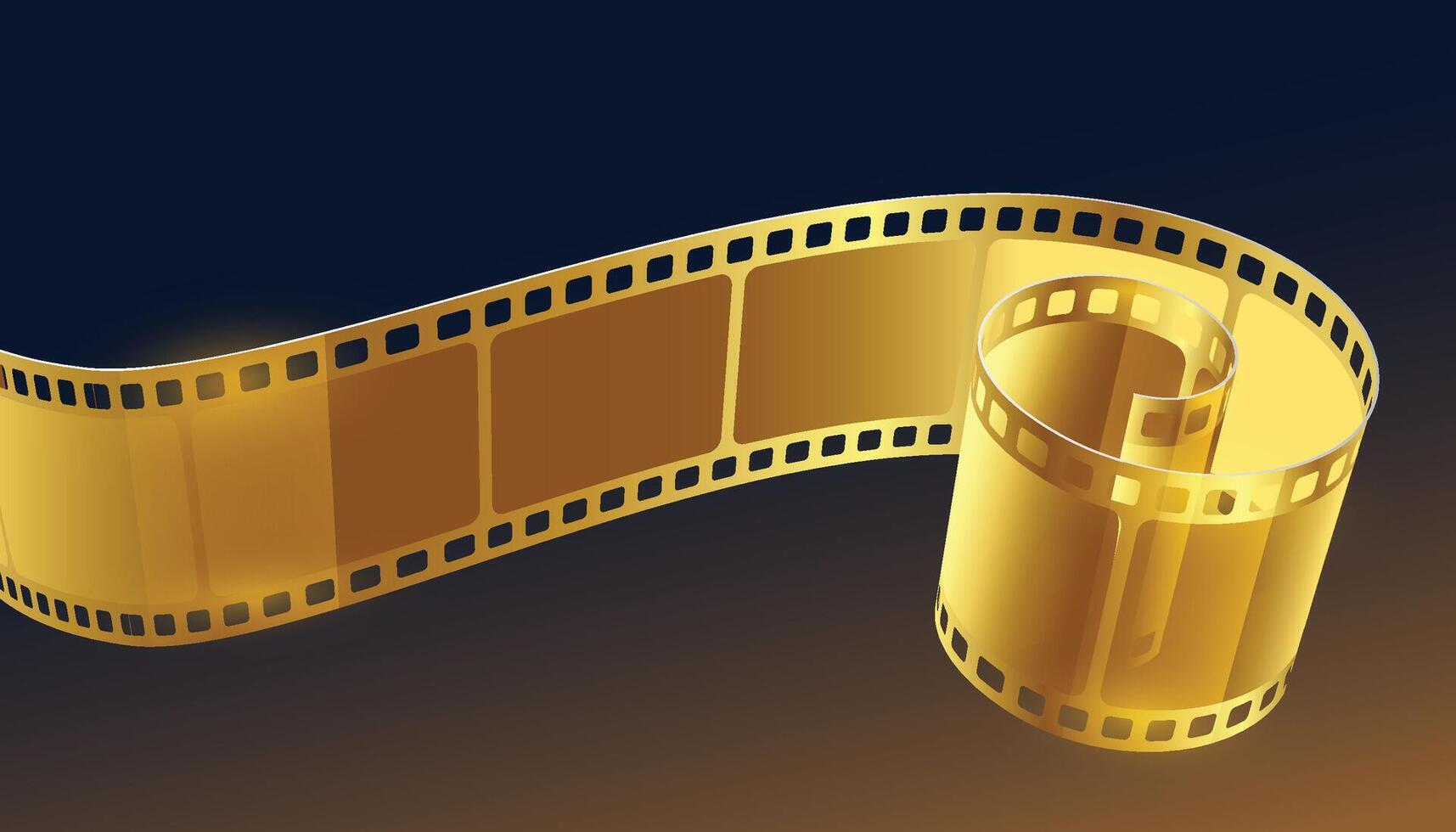 realistisch 3d Gold Kino Film Streifen isoliert auf grau Hintergrund. festlich Design Kino Film Spule Rahmen mit Platz zum Text. Vorlage Film zum Werbung, Poster, Broschüre, Banner, Flyer. vektor