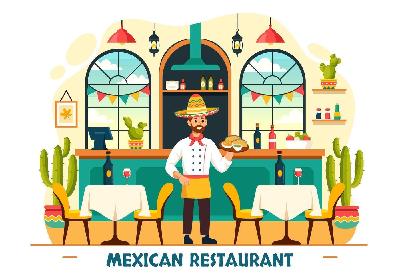 Mexikaner Essen Restaurant Illustration mit verschiedene von köstlich traditionell Küche Tacos, Nachos und andere auf eben Karikatur Hintergrund vektor