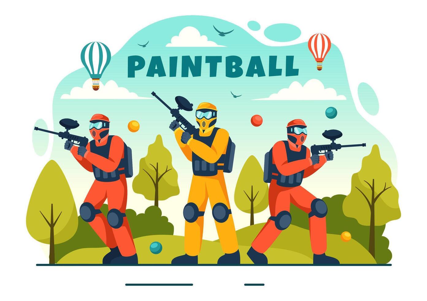 Menschen spielen Paintball Illustration von Kämpfer Spieler Schießen mit Gewehr schießen, Ziel, Attacke im Feld Szene im eben Karikatur Hintergrund vektor