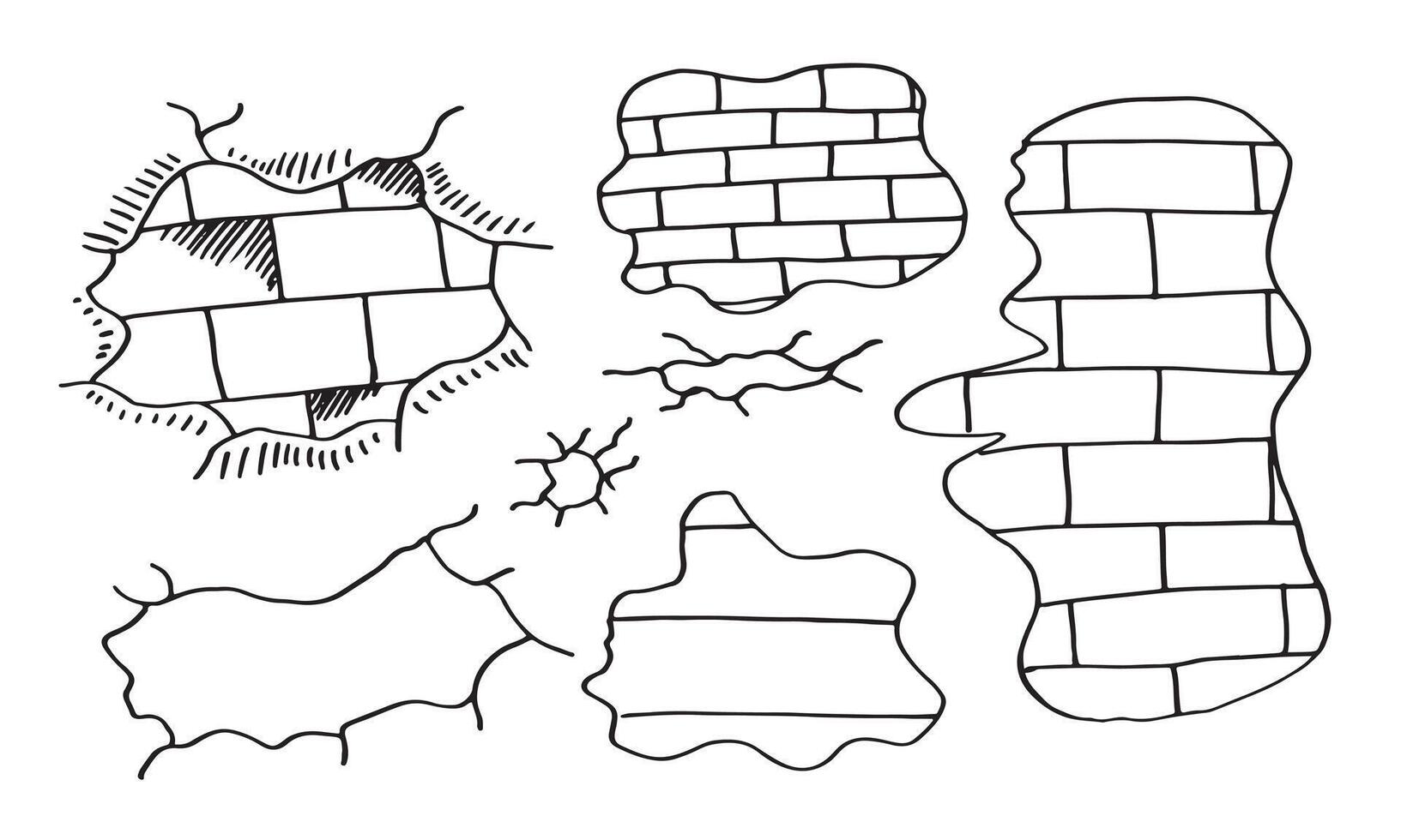 ritad för hand uppsättning av knäckt tegel väggar. illustration. vektor