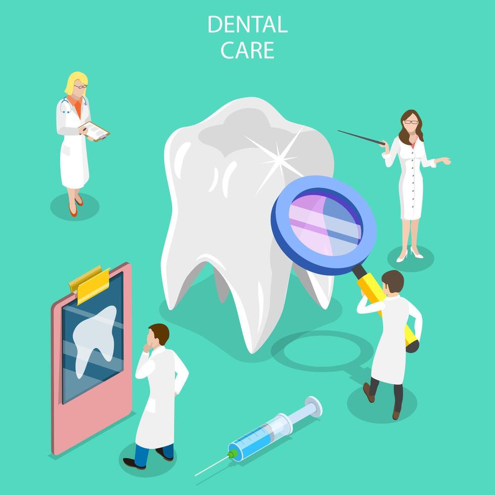 isometrisch eben Konzept von Dental Untersuchung, Behandlung von Zahn Verfall. vektor