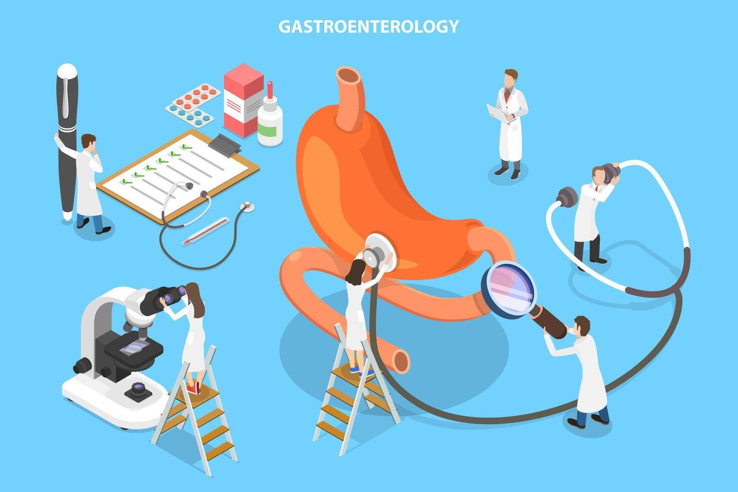 3d isometrisch eben Konzept von Gastroenterologie, Verdauungs- System und es ist Störungen. vektor