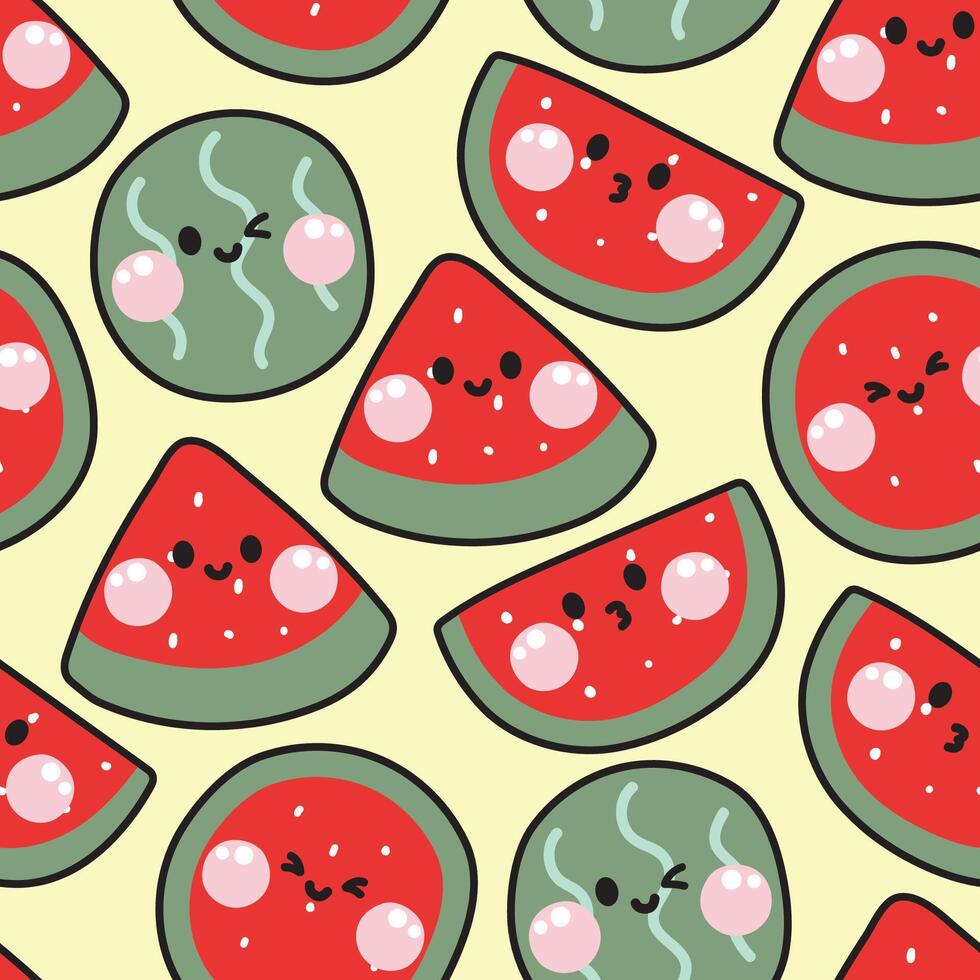 nahtlos Muster von süß Wassermelone Lächeln Gesicht auf Gelb Hintergrund.catoon Charakter design.frucht und vegtable Hand gezeichnet.sommer.frisch.kind Grafik.Hintergrundbild.kawaii.Illustration. vektor