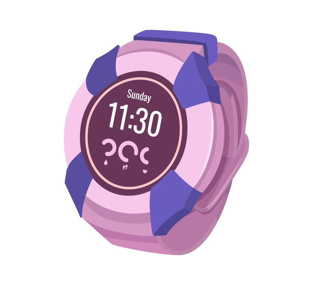 stiliserade smart klocka som visar tid och datum med abstrakt rosa och lila design element. grafisk av modern tidmätare. handled enhet för hälsa, puls och hjärtslag kontrollera. vektor