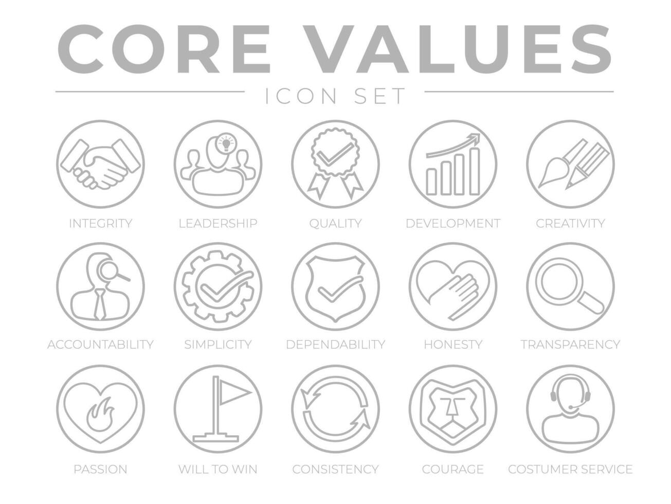 företag kärna värden runda översikt webb ikon uppsättning. integritet, ledarskap, kvalitet, implicit, pålitlighet, ärlighet, genomskinlighet, passion, kommer till vinna, konsistens, mod och kund service ikoner. vektor