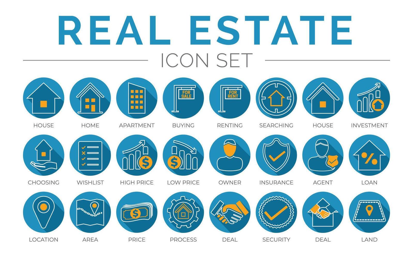 blå översikt verklig egendom runda ikon uppsättning av Hem, hus, lägenhet, uppköp, hyra, sökande, investering, välja, önskelista, låg hög pris, ägare, försäkring, ombud, lån, ikoner. vektor