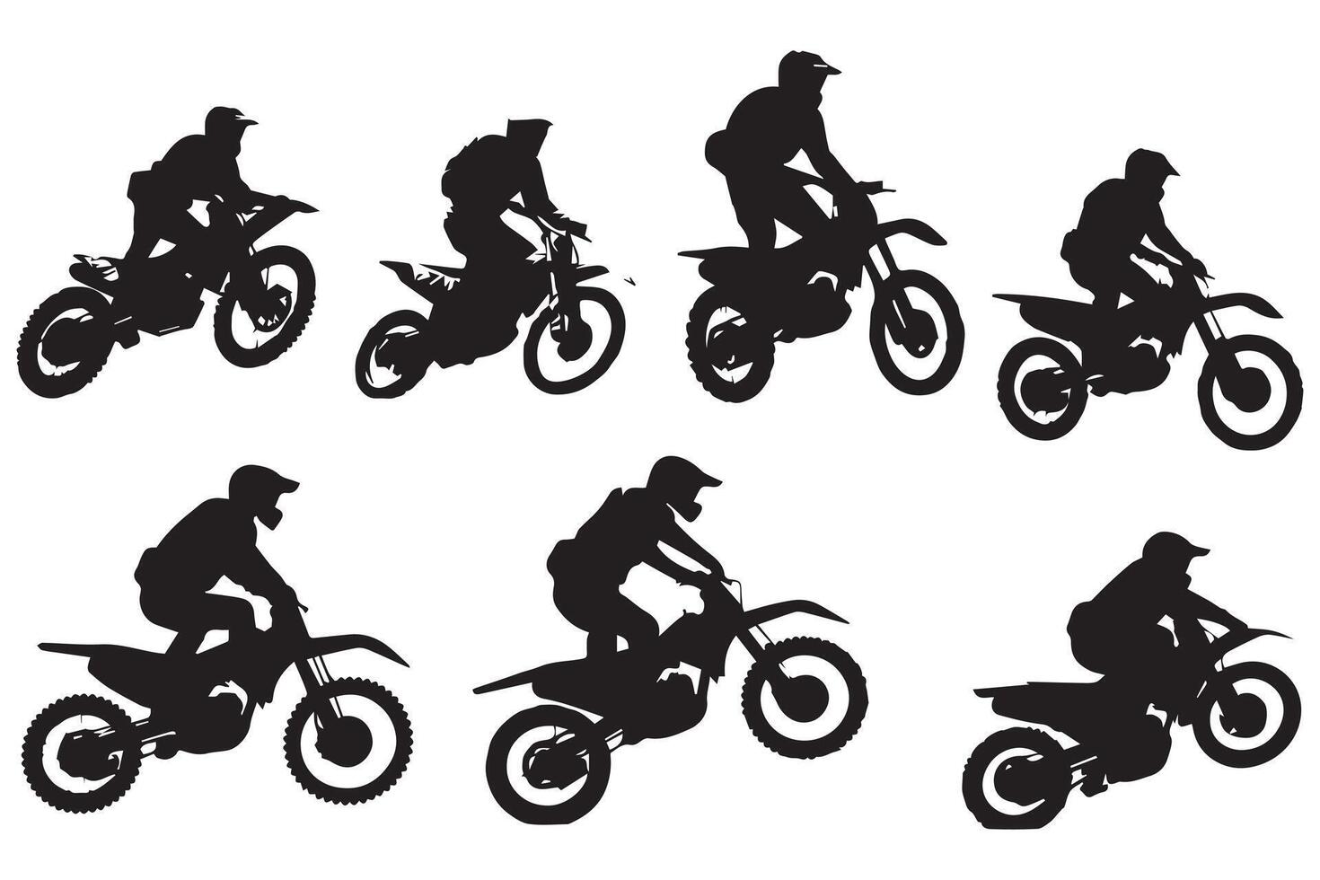 Moto-Cross Rennen, Moto-Cross Rennfahrer Springen auf ein Motorrad, isoliert Silhouette, Vorderseite Sicht. Tinte Zeichnung, Freistil Moto-Cross Profi Design vektor