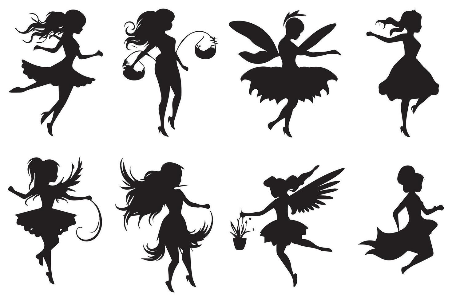 uppsättning av silhuetter magisk feer i de tecknad serie stil fri design vektor