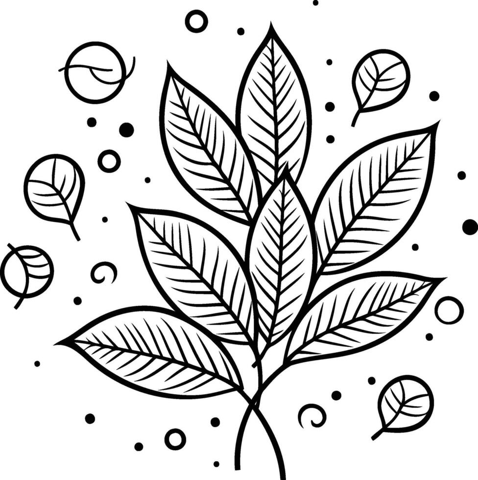 svart och vit illustration av löv med klotter element. vektor